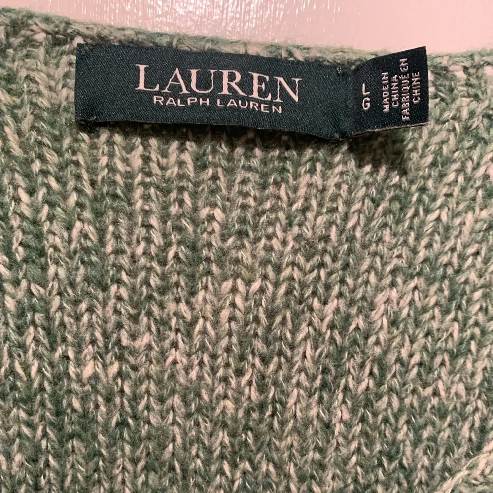 Lauren Ralph Lauren Green Speckled Knit V-Neck Sweater L Equestrian Old Money
